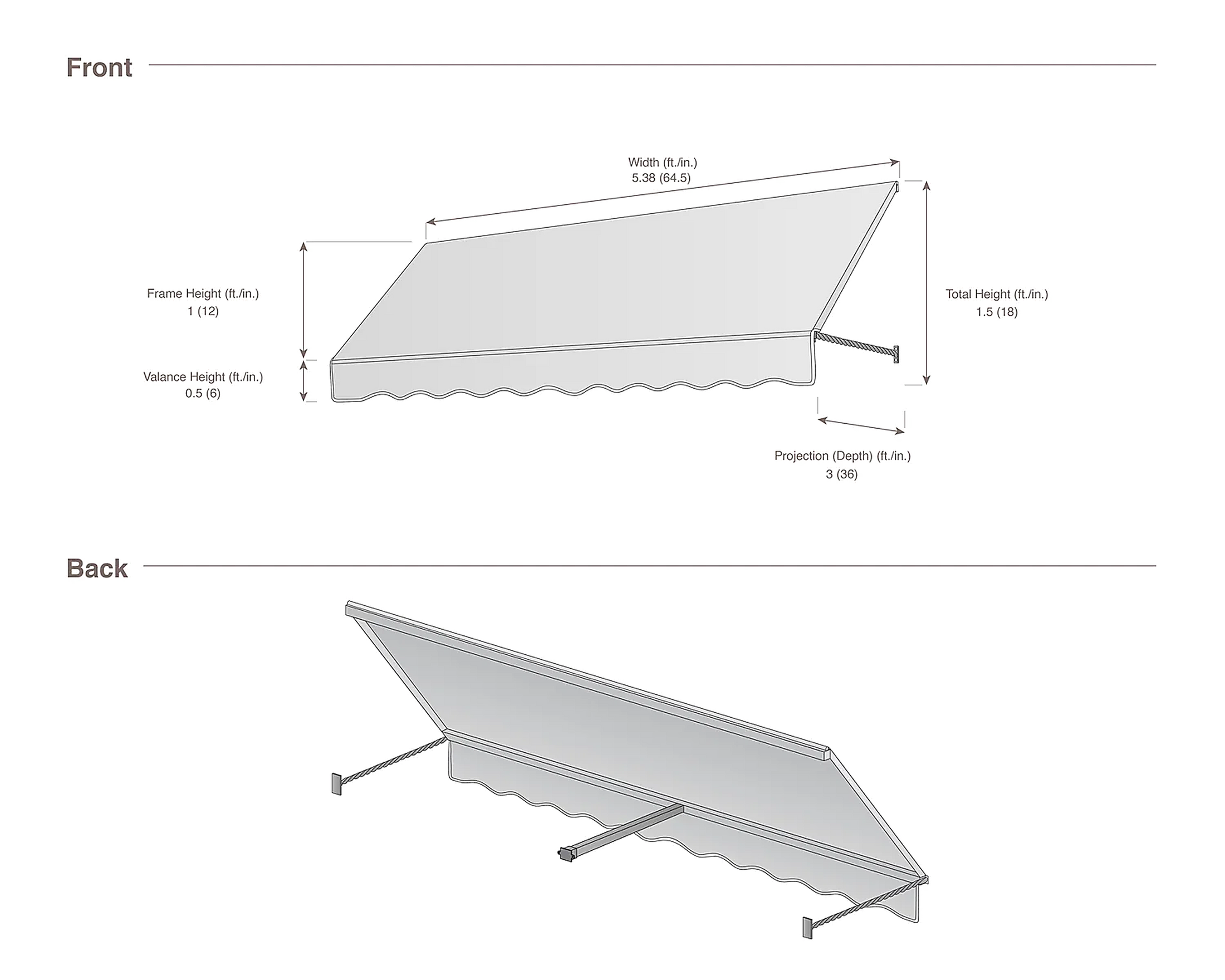 Santa Fe 64.5" (5.38ft) Wide. Fabric Awning
