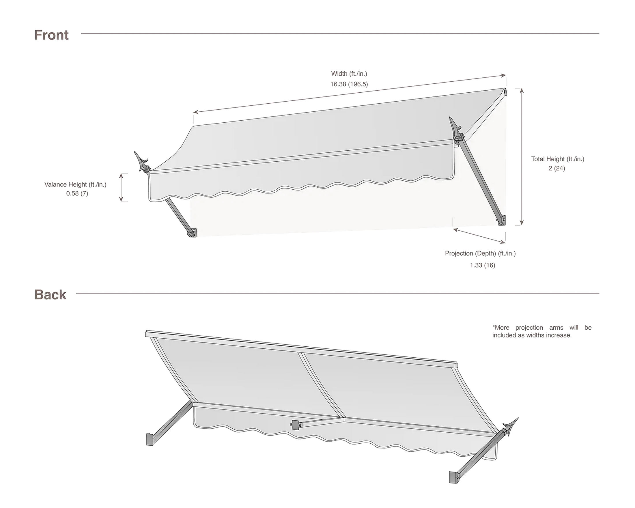 New Orleans 196.5" (16.38ft) Wide. Fabric Awning