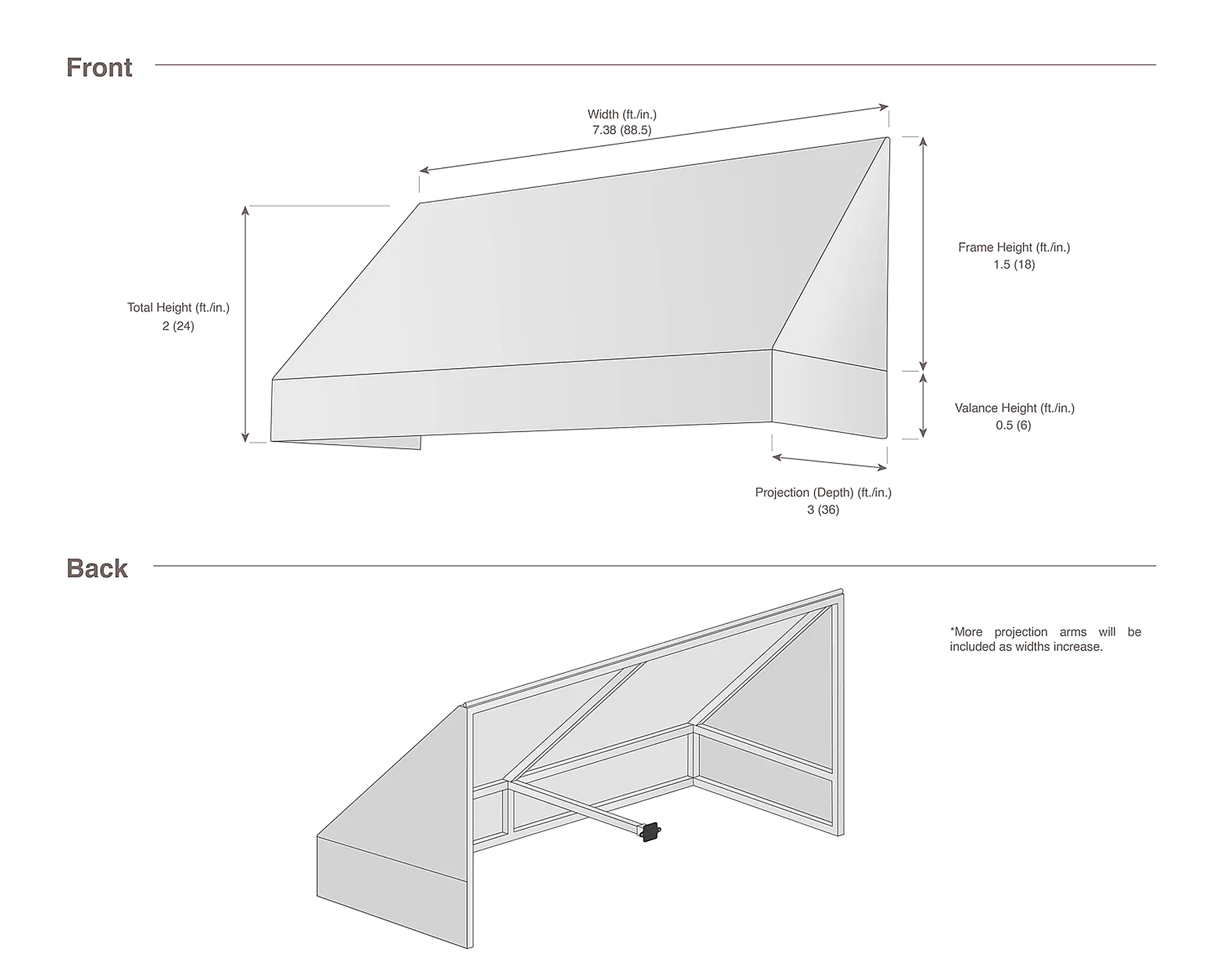 New Yorker 88.5" (7.38ft) Wide. Fabric Awning
