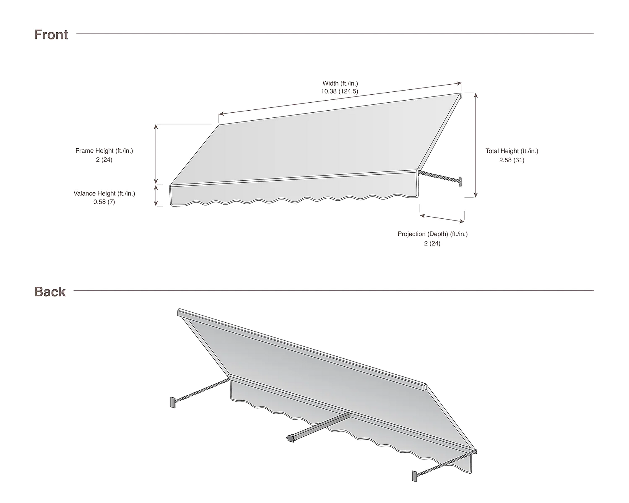 Santa Fe 124.5" (10.38ft) Wide. Fabric Awning