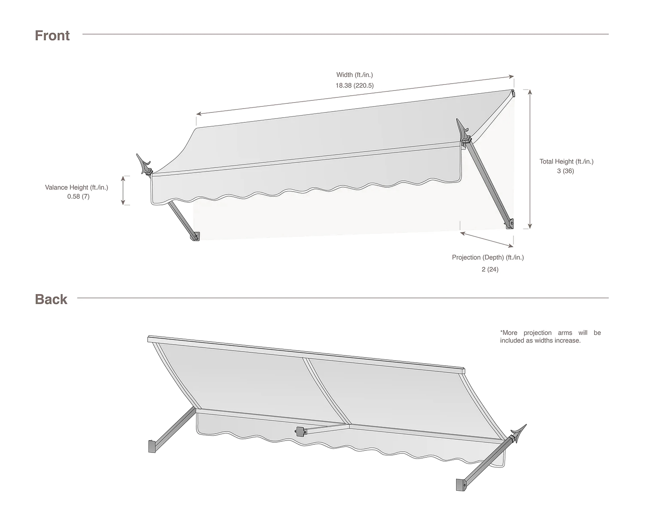 New Orleans 220.5" (18.38ft) Wide. Fabric Awning