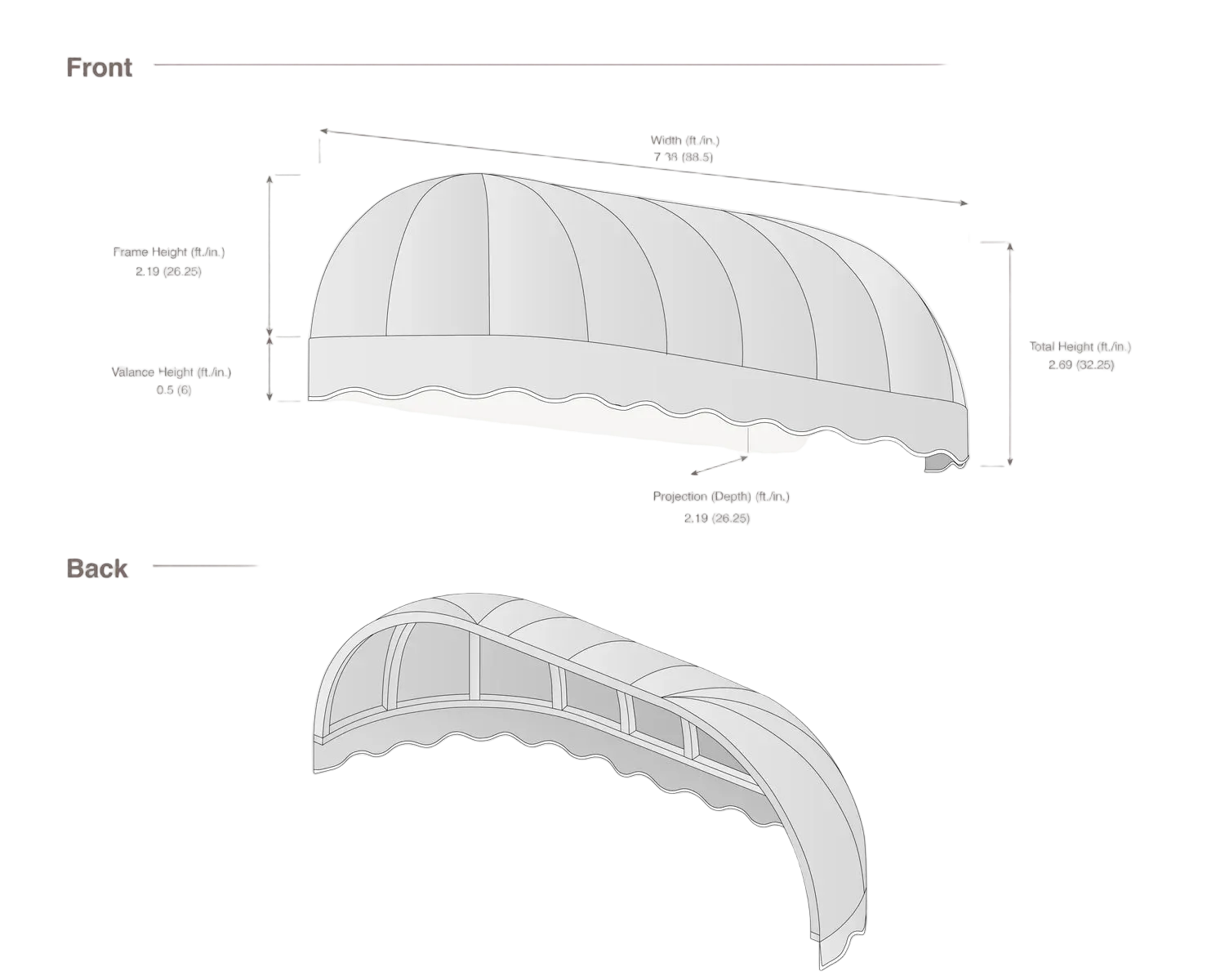 Chicago 88.5" (7.38ft) Wide. Fabric Awning