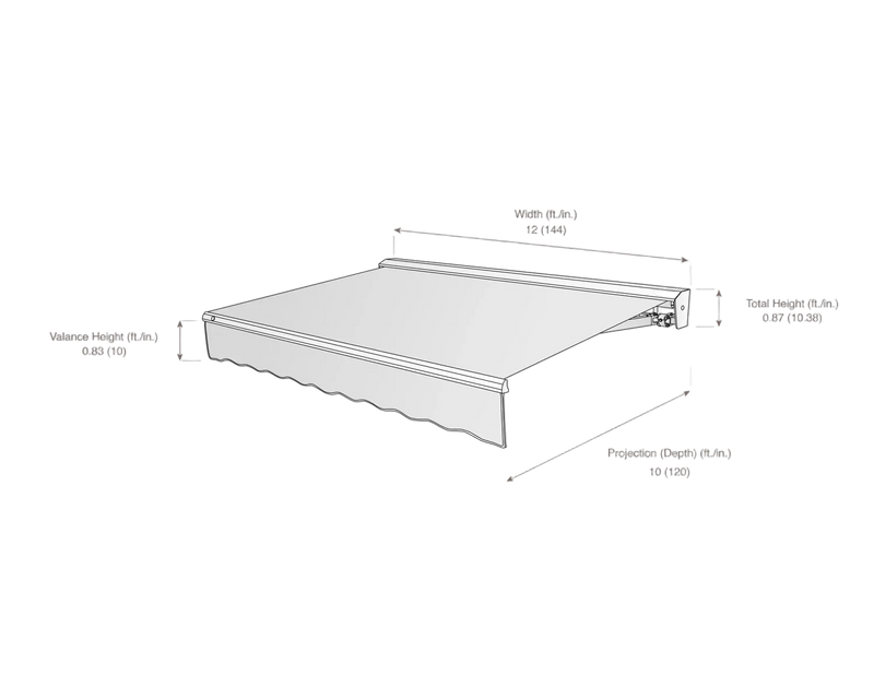 Measurement chart of a window awning with dimensions labeled on a white background