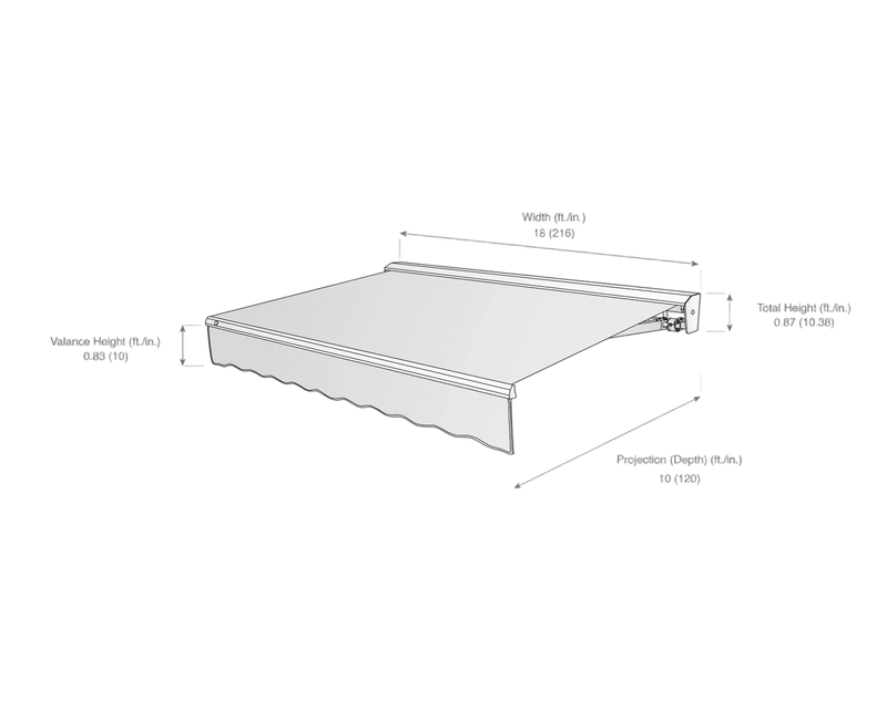 Measurement chart of a window awning with dimensions labeled on a white background