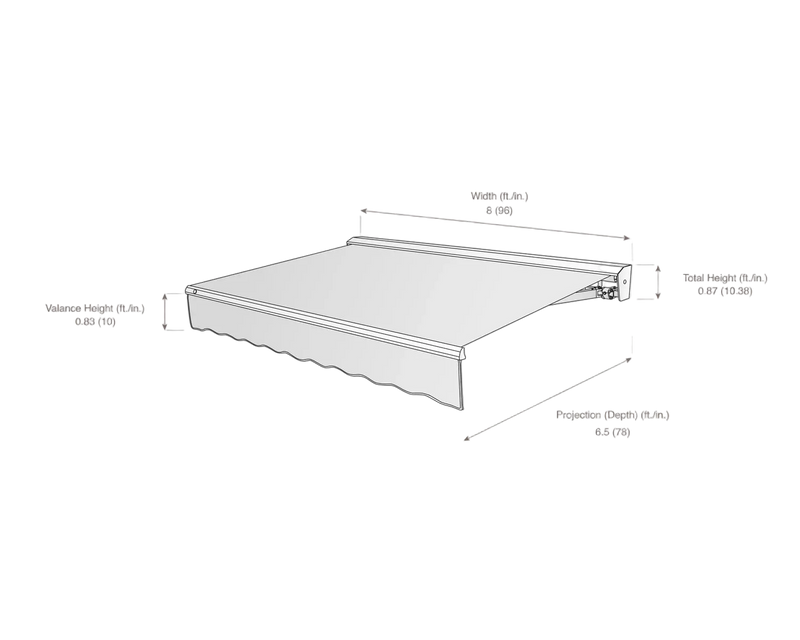 Measurement chart of a window awning with dimensions labeled on a white background
