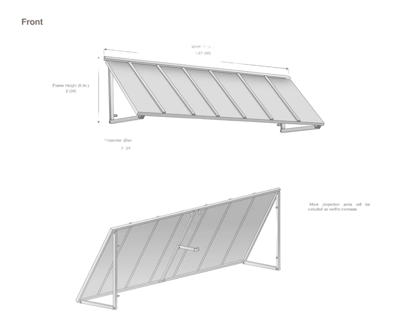 measurement diagram of an awning with dimensions labeled