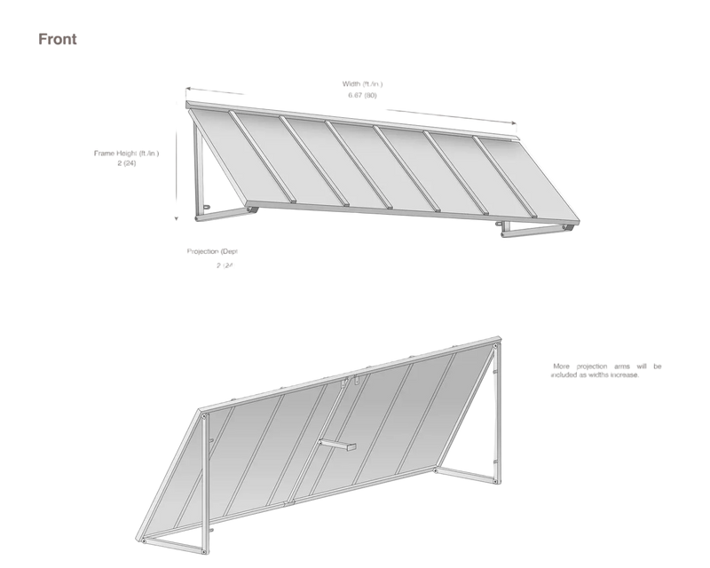 measurement diagram of an awning with dimensions labeled