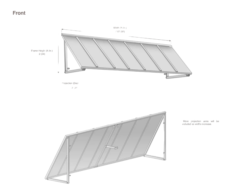measurement diagram of an awning with dimensions labeled