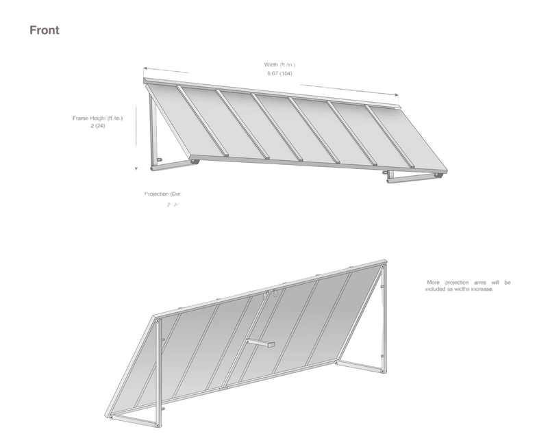measurement diagram of an awning with dimensions labeled