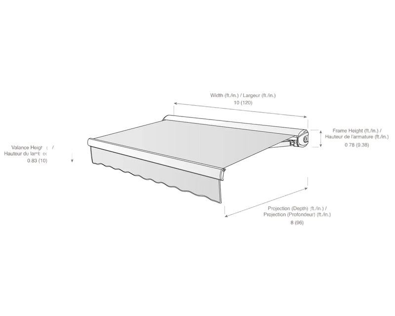 measurement diagram of an awning with dimensions labeled