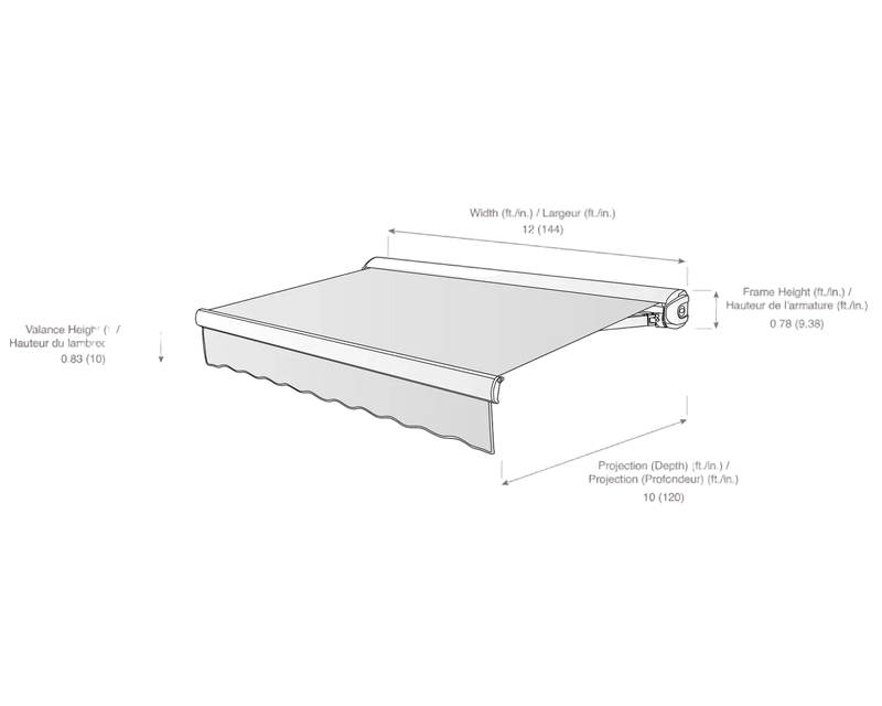 measurement diagram of an awning with dimensions labeled