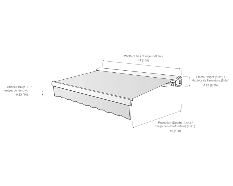 measurement diagram of an awning with dimensions labeled