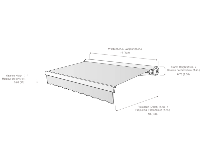 measurement diagram of an awning with dimensions labeled