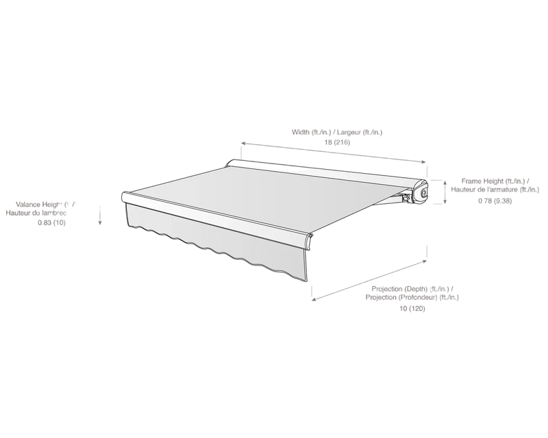 measurement diagram of an awning with dimensions labeled