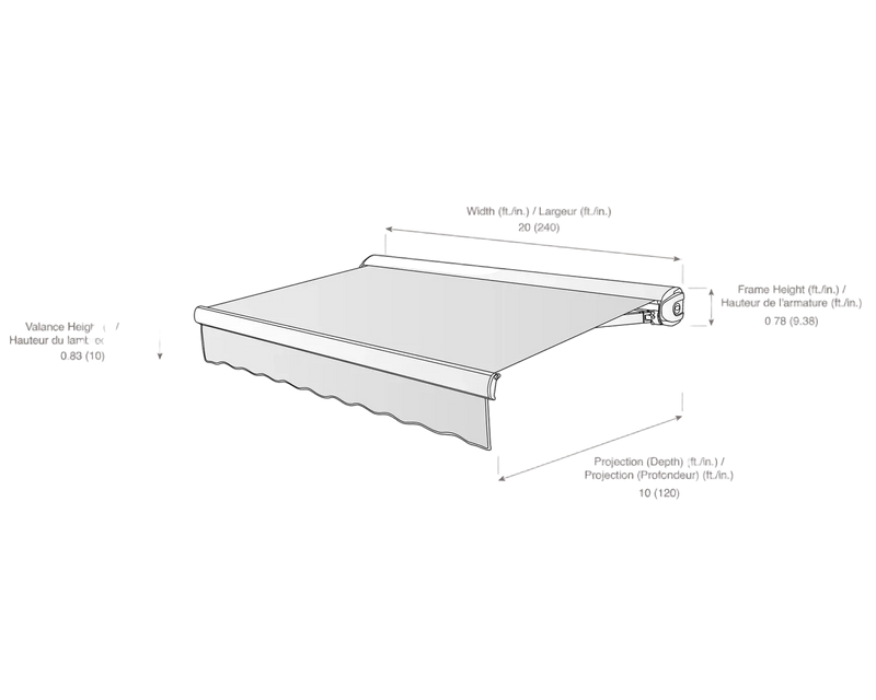 measurement diagram of an awning with dimensions labeled