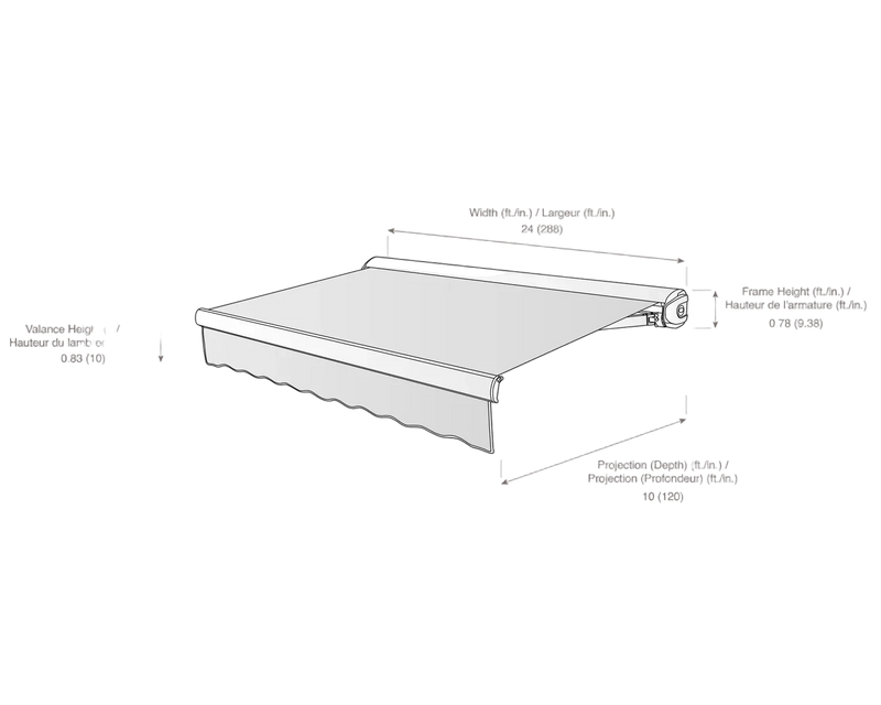 measurement diagram of an awning with dimensions labeled