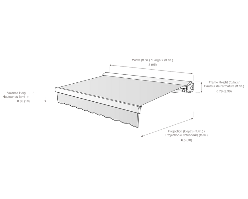 measurement diagram of an awning with dimensions labeled.