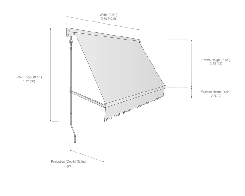 Measurement diagram of a retractable awning with dimensions labeled.