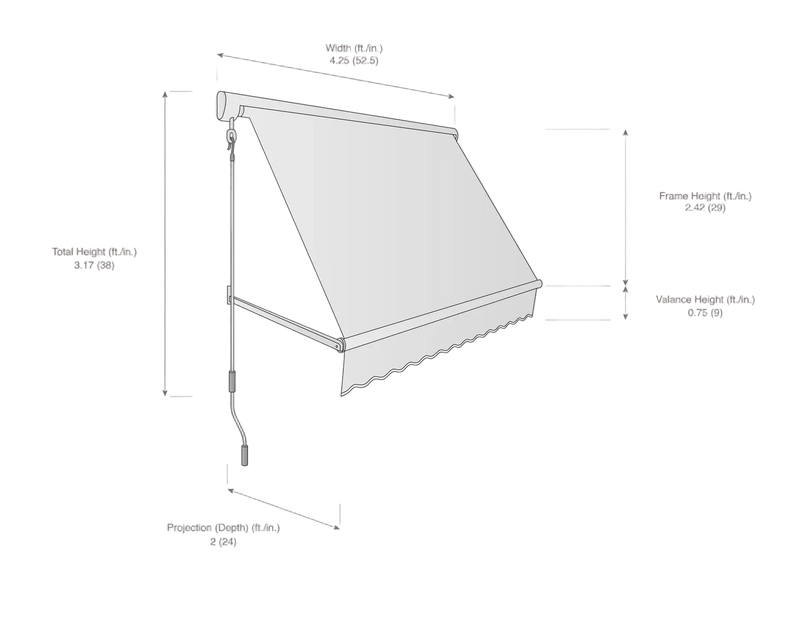 Measurement diagram of a retractable awning with dimensions labeled.