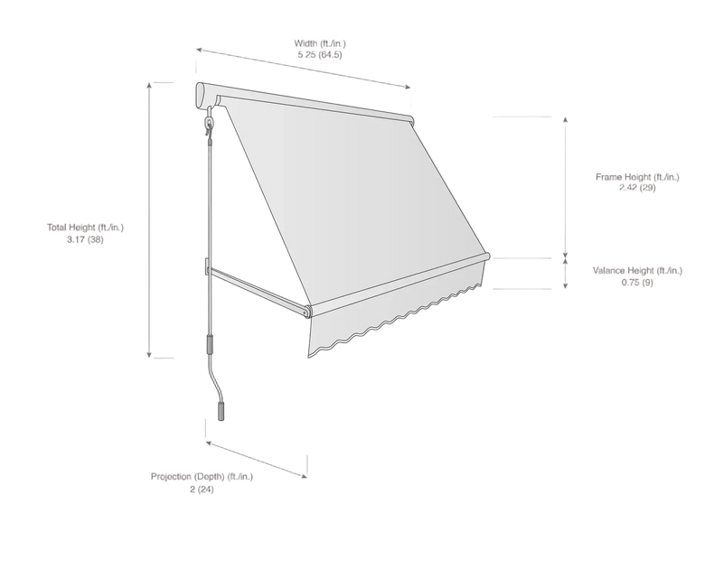Measurement diagram of a retractable awning with dimensions labeled.