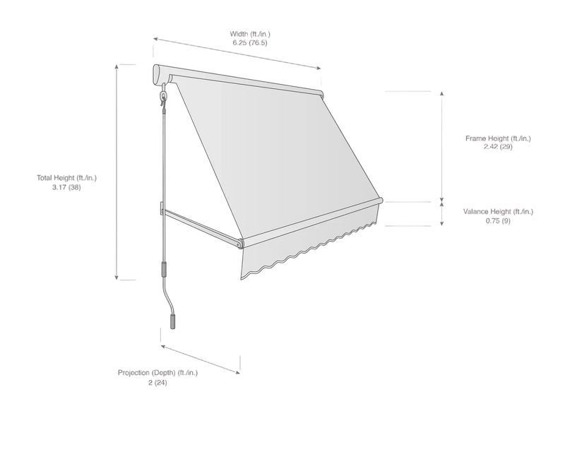 Measurement diagram of a retractable awning with dimensions labeled.