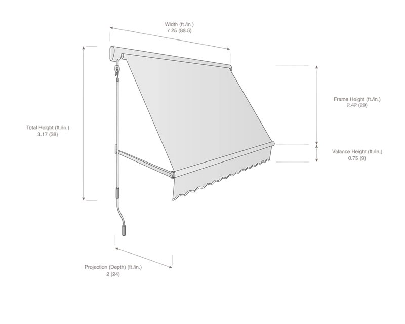 Measurement diagram of a retractable awning with dimensions labeled.