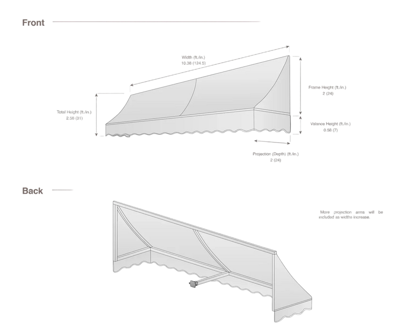 measurement diagram of an awning with dimensions labeled