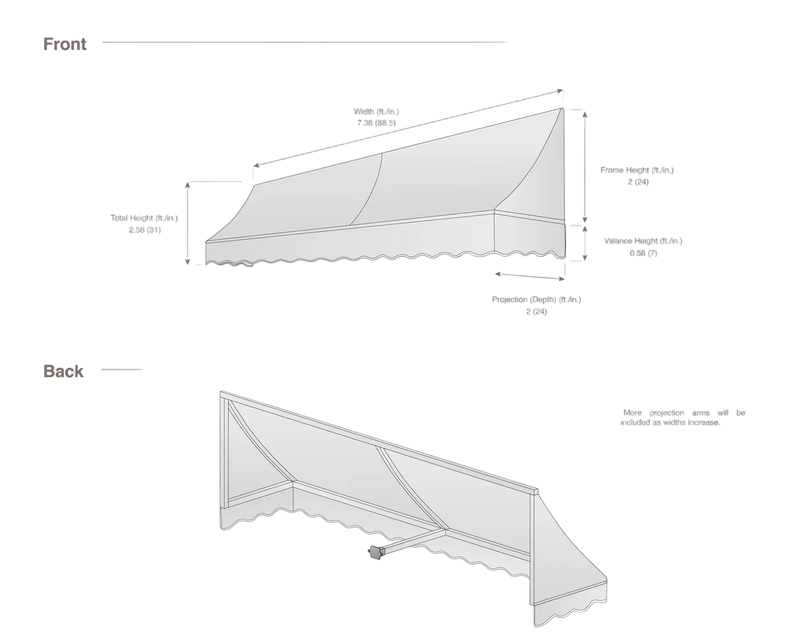 measurement diagram of an awning with dimensions labeled
