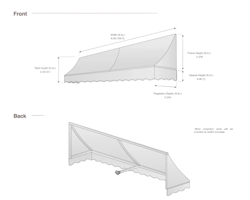 measurement diagram of an awning with dimensions labeled