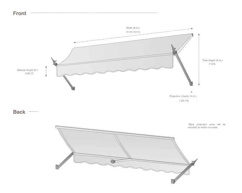 measurement diagram of an awning with dimensions labeled