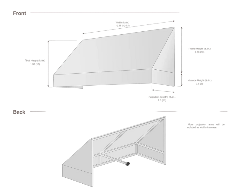 measurement diagram of an awning with dimensions labeled