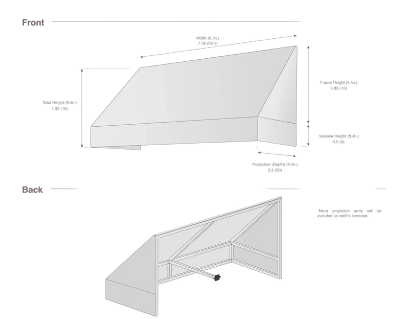 measurement diagram of an awning with dimensions labeled
