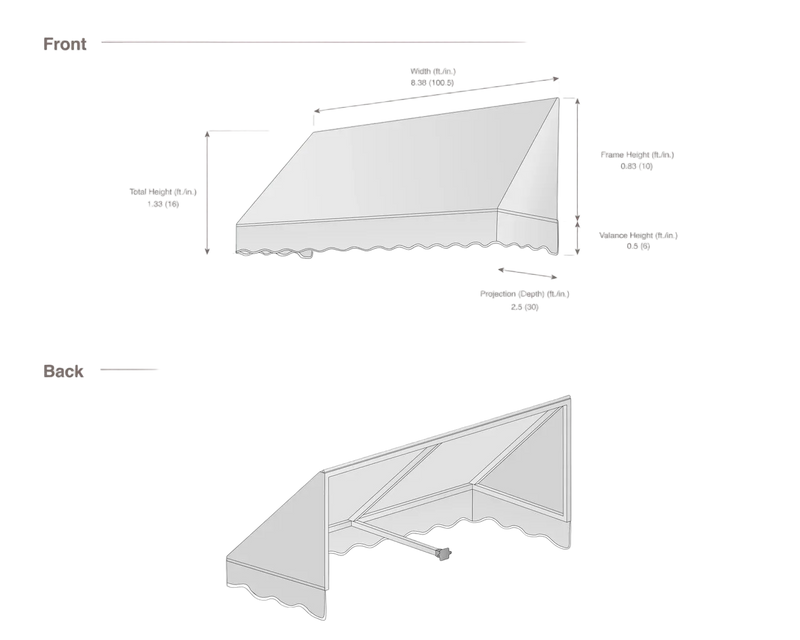 measurement diagram of an awning with dimensions labeled