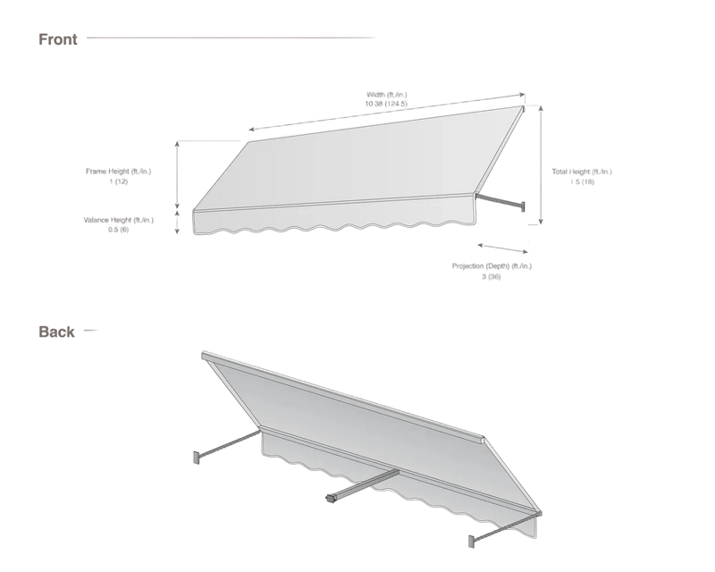measurement diagram of an awning with dimensions labeled