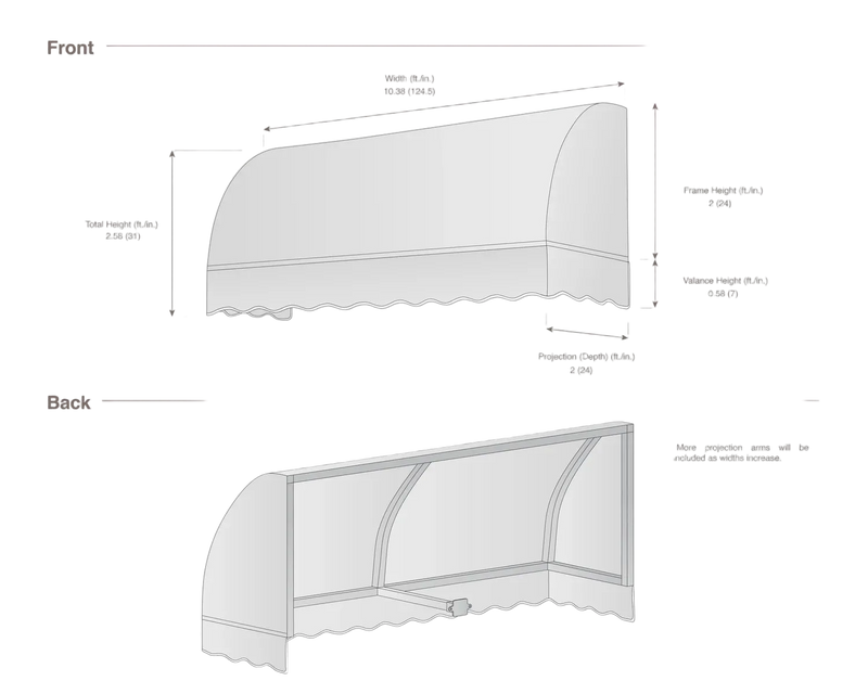 measurement diagram of an awning with dimensions labeled