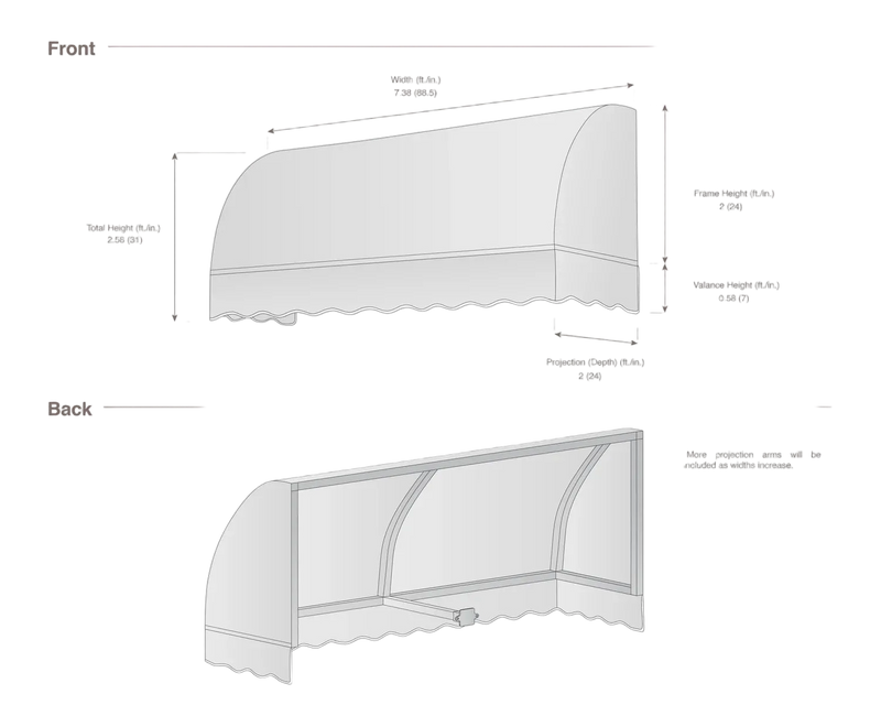 measurement diagram of an awning with dimensions labeled