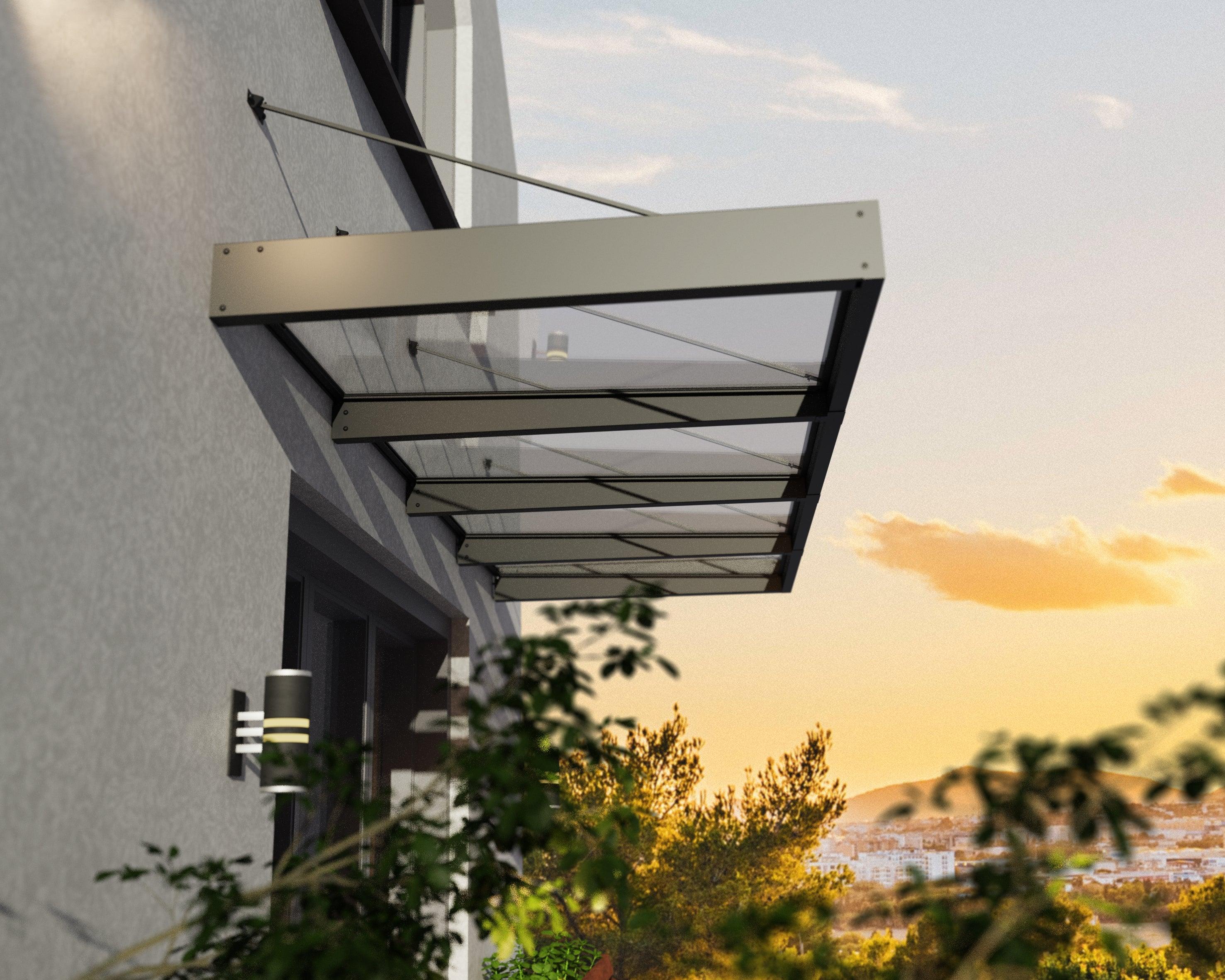 平日キャンパーボンボネロ　アクア Sophia XL 4000 Door Awning – Gray Aluminum & Clear Acrylic Panel
