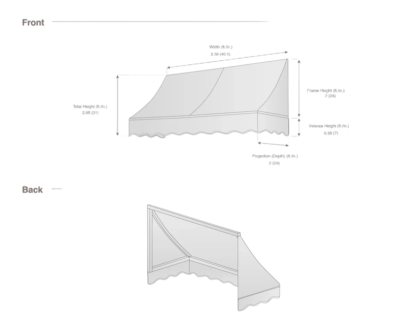 measurement diagram of an awning with dimensions labeled