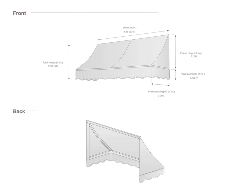 measurement diagram of an awning with dimensions labeled