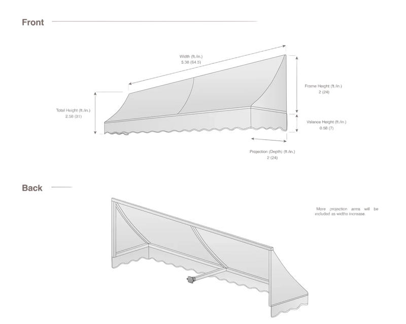measurement diagram of an awning with dimensions labeled