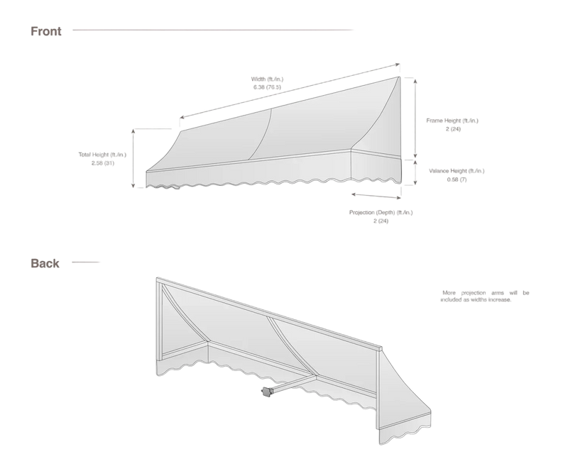 measurement diagram of an awning with dimensions labeled