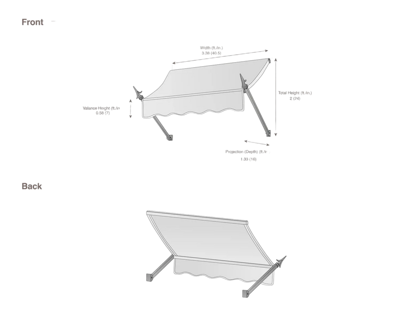 measurement diagram of an awning with dimensions labeled