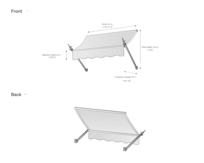 measurement diagram of an awning with dimensions labeled