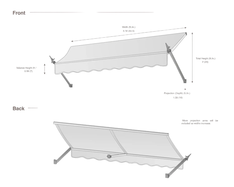 measurement diagram of an awning with dimensions labeled