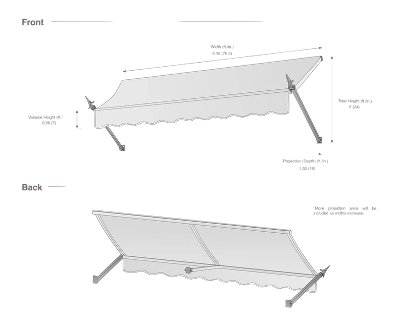 measurement diagram of an awning with dimensions labeled