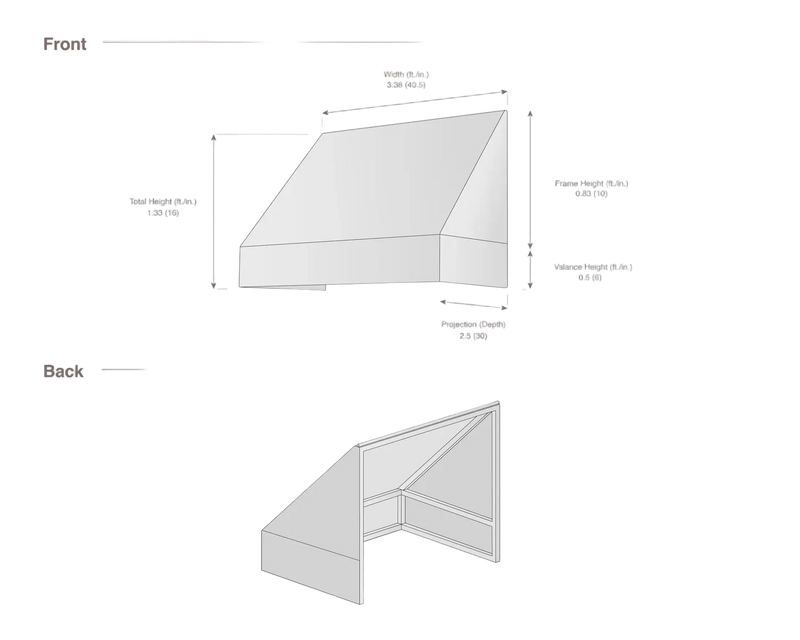 measurement diagram of an awning with dimensions labeled
