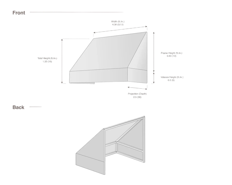 measurement diagram of an awning with dimensions labeled