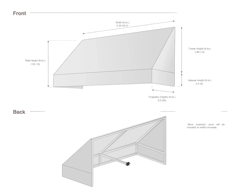 measurement diagram of an awning with dimensions labeled