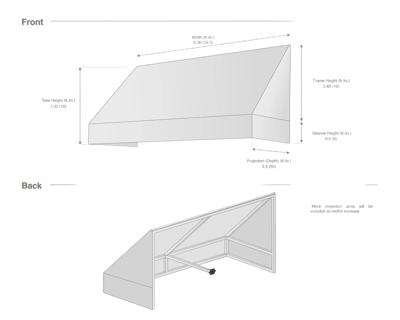 measurement diagram of an awning with dimensions labeled