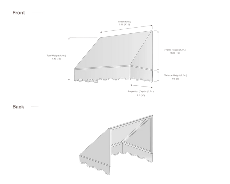 measurement diagram of an awning with dimensions labeled